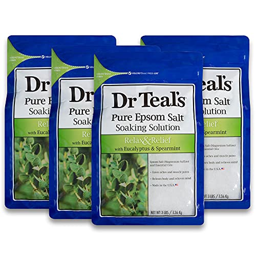 Dr Teal's Pure Epsom Salt, Relax & Relief With Eucalyptus And Spearmint, 3 lb (Pack of 4)