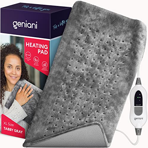 GENIANI Extra Large Electric Heating Pad for Back Pain and Cramps Relief - Auto Shut Off - Soft Heat Pad 12'x24' for Moist & Dry Therapy (Tabby Gray)