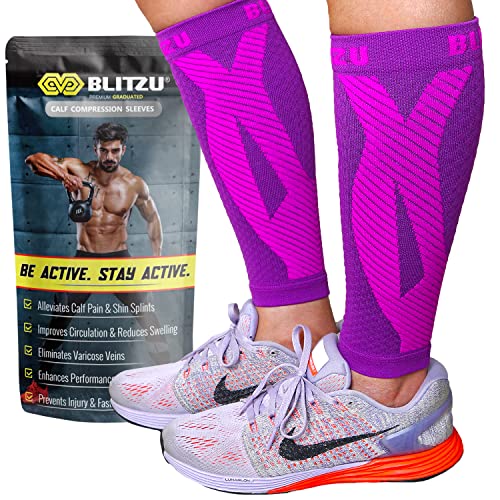 BLITZU Womens Calf Socks, Compression Sleeves for Legs Women, Calf Compression Sleeve for Men Leg, Runners, Shin Splint, Recovery from Injury & Pain Relief, Running, Maternity, Nurses Purple L-XL