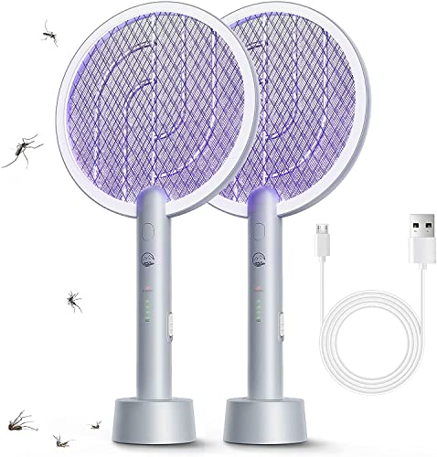 Electric Fly Swatter Racket 2 Pack, Mosiller 2 in 1 Bug Zapper with USB Rechargeable Base, 3000 Volt Indoor Outdoor Mosquito Killer with 3-Layer Safety Mesh for Pest Insect Control & Flying Trap