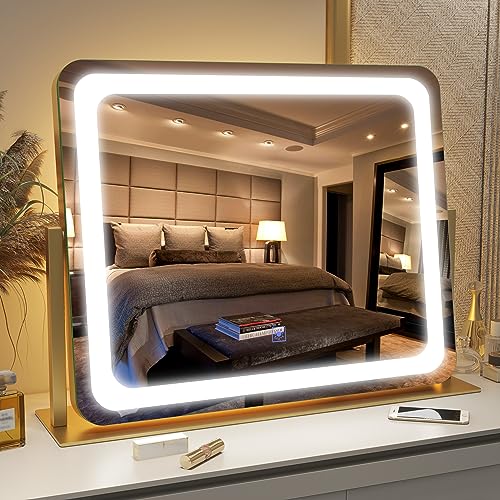FENNIO Gold Vanity Mirror with Lights 22'x19', LED Lighted Makeup Mirror, Large Makeup Mirror, Make up Mirror with Lighting,Touch Screen with 3-Color Lighting,Dimmable,for Vanity Desk Tabletop