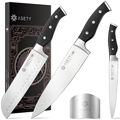 ASETY Chef Knife Professional Kitchen Knife Set 3 Piece, Ultra Sharp German Stainless Steel Knife and Finger Guard, Ergonomic Handle Knives Set for Kitchen with Premium Gift Box