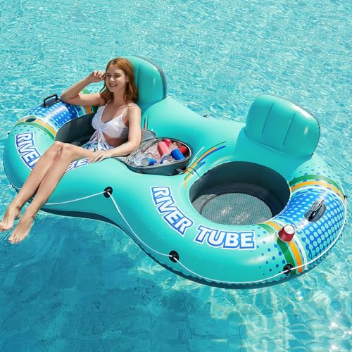Jasonwell Inflatable River Tube Float - 2 Person Heavy Duty River Float Pool Floats with Removable Cooler Lake Water Tubes for Floating River Raft Lounge Floatie with 2 Cup Holders for Adults (Cyan)