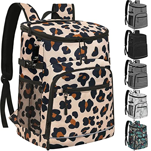 Cooler Backpack Insulated Leakproof Waterproof Backpack Cooler Bag 30 Cans, Large Capacity Lightweight Travel Camping Beach Backpack Cooler Ice Chest for Men and Women, Leopardprint