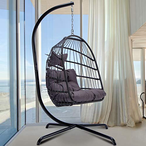 Egg Chair with Stand Indoor Outdoor Patio Wicker Hanging Chair Aluminum Frame Swing Chair Patio Egg Chair with UV Resistant Dark Grey Cushion