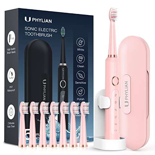 PHYLIAN Sonic Electric Toothbrush for Adults and Women - Rechargeable Electric Toothbrush with 8 Brush Heads, Travel Case, Sonic Toothbrush 3 Hours Fast Charge for 120 Days ,H8 Pink