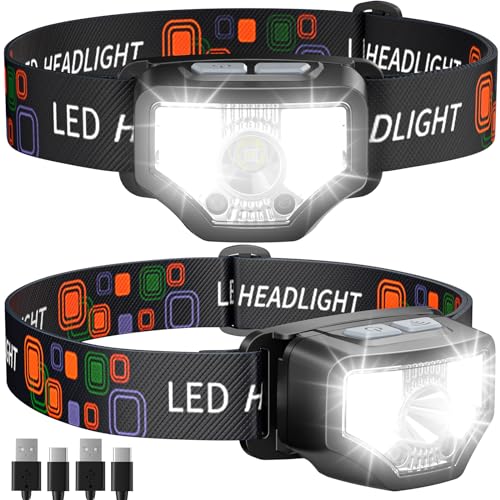 GETASI Headlamp Rechargeable 2PCS, 1200 Lumen Super Bright LED Flashlight with Motion Sensor for Adults and Kids- Camping Accessories Gear, Waterproof for Hiking, Running, Fishing, Cycling