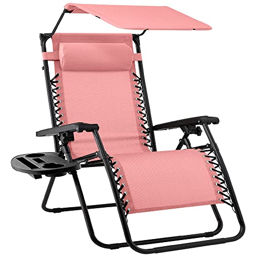 Best Choice Products Folding Zero Gravity Outdoor Recliner Patio Lounge Chair w/Adjustable Canopy Shade, Headrest, Side Accessory Tray, Textilene Mesh - Pink