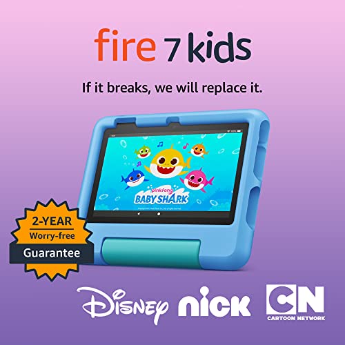 Amazon Fire 7 Kids tablet, ages 3-7. Top-selling 7' kids tablet on Amazon - 2022 | 6-months of ad-free content with parental controls included, 10-hr battery, 16 GB, Blue