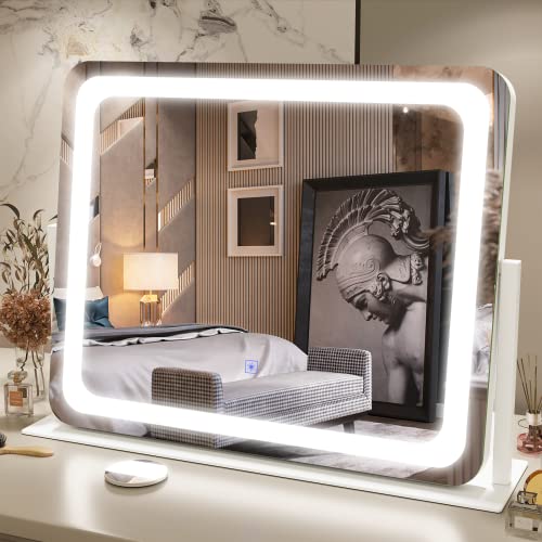FENNIO Vanity Mirror with Lights 22'x19' LED Lighted Makeup Mirror,Large Makeup Mirror with Lights,Touch Screen with 3-Color Lighting,Led Mirror Makeup,Dimmable,for Vanity Desk Tabletop,Bedroom