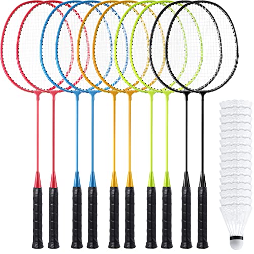 10 Packs Badminton Rackets Set with 15 Badminton Shuttlecocks Birdies Badminton Racquets for Adult and Lightweight Teenagers Badminton Set for Backyard Gym Beach Outdoor Games, 5 Colors