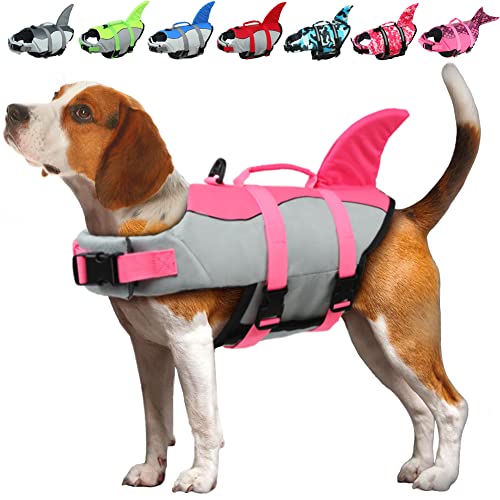 EMUST Dog Life Jacket Shark, Dog Life Vests for Small, Middle, Large Dogs with Rescue Handle Dog Flotation Vest Safety Lifesaver for Swimming Pool Beach Boating, (S,Pink)