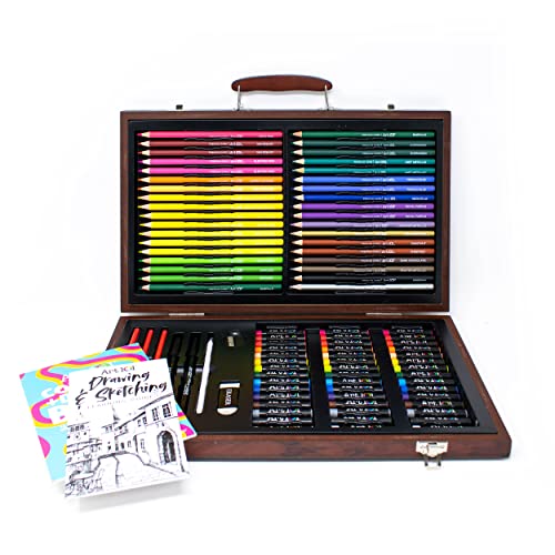Art 101 Creativity Art Set with 106 Pc in a Wood Carrying Case, Includes 36 Premium Colored Pencils, A variety of coloring and painting mediums: crayons, oil pastels, watercolors; Portable Art Studio