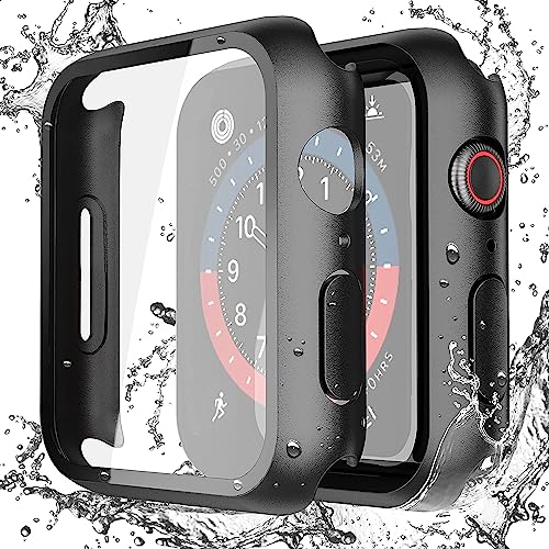 Misxi [2 Pack] Waterproof Black Hard Case with Tempered Glass Compatible with Apple Watch Series 6 SE Series 5 Series 4 40mm, Ultra-Thin Durable Protective Cover for iWatch Screen Protector