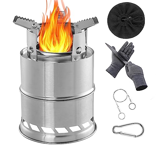 Camping Stove, Backpacking Stove, Portable Stove Wood Burning Stove Stainless Steel Stove with Grill Grid, Wire Saw Anti-scald Gloves for Outdoor Survival Camp Hiking Traveling Picnic BBQ