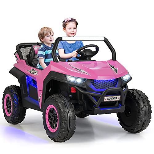 Costzon 2-Seater Ride on Car for Kids, 12V Kids' Electric Vehicles with Remote Control, 4 Shock Absorbers, Wireless Music & FM, 3 Speeds, Ambiance Lights, Off-Road UTV, Electric Car for Kids (Pink)