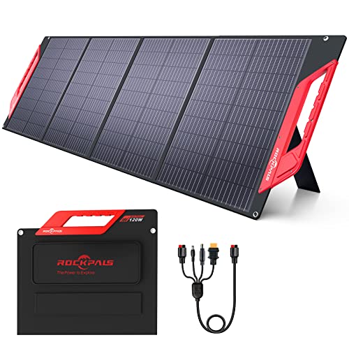 ROCKPALS 120W Portable Solar Panels with Kickstand, Foldable Solar Panel Charger for ROCKPALS/Jackery/BLUETTI/ECOFLOW Power Station Solar Generator and USB C & QC 3.0 for USB Devices Off Grid