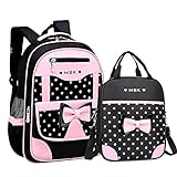 2Pcs Bowknot Wave Point Prints Primary School Bookbag Kids School Backpack Sets for Girls