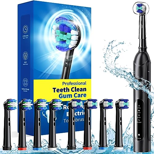 TEETHEORY Rotating Electric Toothbrush for Adults with 8 Brush Heads (2 Types), 4 Modes Deep Clean Electric Toothbrush with Rechargeable Power and 2 Min Smart Timer, Fast Charge (Black)