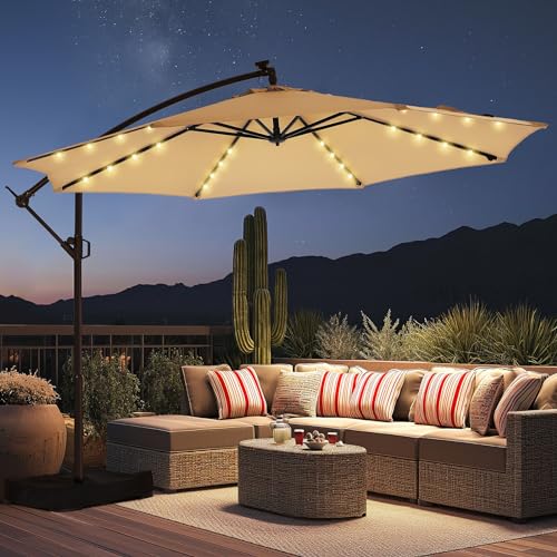 HOMSHADE 10ft Solar Lights LED Offset Patio Umbrella - w/Light and Base, Lighted Offset Hanging Cantilever Patio Outdoor Market Umbrella UPF50+ UV Protection with Easy Tilt and Crank (Beige)