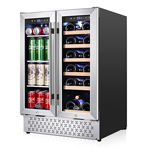 Tylza Wine and Beverage Refrigerator, 24 Inch Built-In Dual Zone Wine and Beverage Cooler, Freestanding French Door Drink Fridge, Wine Beer Cooler Under Counter Refrigerator TYBC120