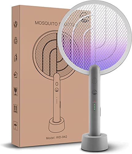 Electric Fly Swatter Racket, Mosiller 2 in 1 Smart Bug Zapper with USB Rechargeable Base, Powerful Mosquitoes Trap Lamp & Fly Killer with 3-Layer Safety Mesh for Home, Bedroom, Kitchen, Patio（1 Pack）