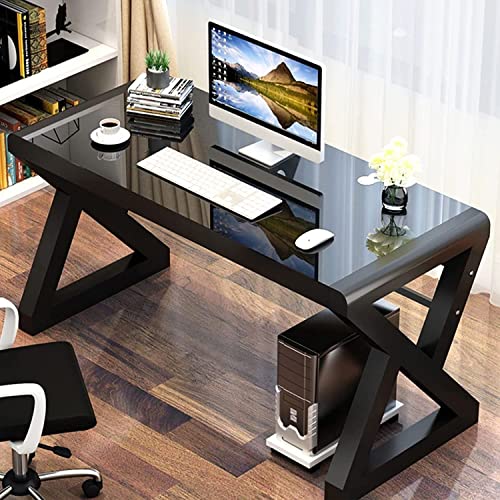 SAMERY Computer Desk Home Office Desks, 55.1 Inch Modern Simple Office Black Glass Desk Computer Table Study Gaming Writing Desk, Fashion Strength Tempered Glass Office Laptop Desk…