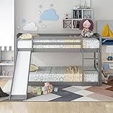 UNIROI Twin-Over-Twin Low Bunk Bed with Slide Ladder & Guardrail, Space-Saving Bedroom Funiture for Kids Teens, No Box Spring Needed, White