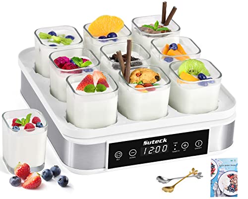 Suteck Yogurt Maker, Greek Yogurt Maker with Temperature Control & Timer, Automatic Digital Yogurt Makers with 9 Glass Jars, 2 Spoons & Recipe, Perfect for Home Organic Yogurt, Cheese/Natto Maker.