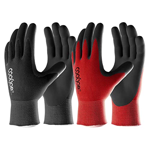 COOLJOB Gardening Gloves for Men, 2 Pairs Breathable Rubber Coated Garden Gloves for Weeding Landscaping, Outside Work Gloves for Lawn Yard, Men’s Large Size, Black & Red (2 Pack L)
