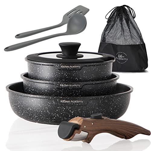 Kitchen Academy Detachable Handle Induction Cookware Sets - 10 Piece Non-stick Cooking Pots and Pans, Black Granite Stackable RV Cookware for Camp