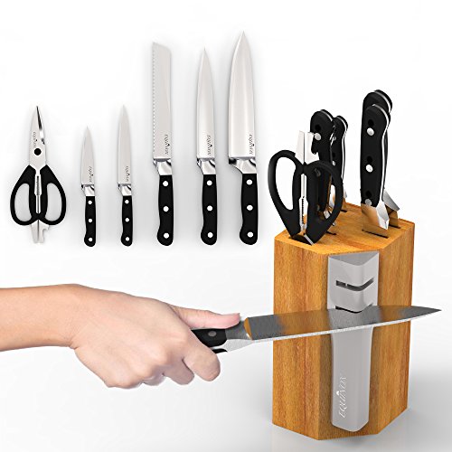 Equinox 7-Piece Knife Block Set with Detachable Knife Sharpener - Premium German Steel - Chef Knife, Bread Knife, Slicer Knife, Boning Knife, Paring Knife, and Scissors