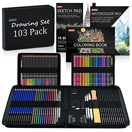 Shuttle Art Pencil Kit - 103 Drawing Pencils, Colored Pencils and Graphite Pencils in Portable Case, Sketching Supplies for Kids, Adults and Artists