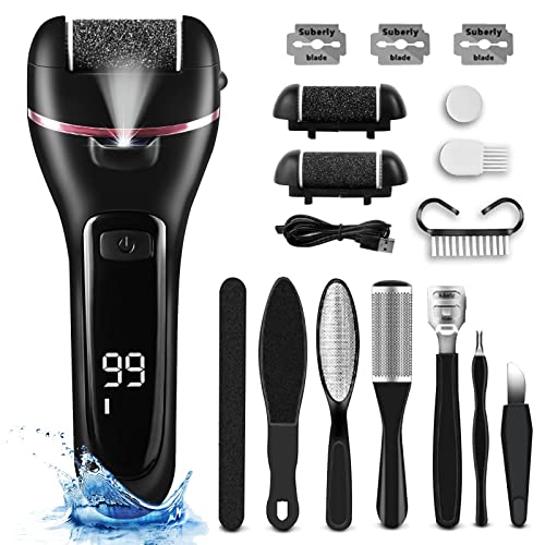 BOMPOW Electric Foot File with 3 Roller Heads and Pedicure Tool Set for Dry Dead and Cracked Feet Hard Skin Remover for Feet Black