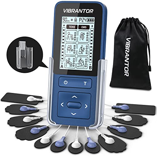 Rechargeable Dual Channel TENS EMS Unit for Pain Relief, 24 Modes TENS Machine Muscle Stimulator with Larger Battery, Continuous Mode, 12 Pads, Dust-Proof Storage Bag, Fastening Cable Ties (Blue)