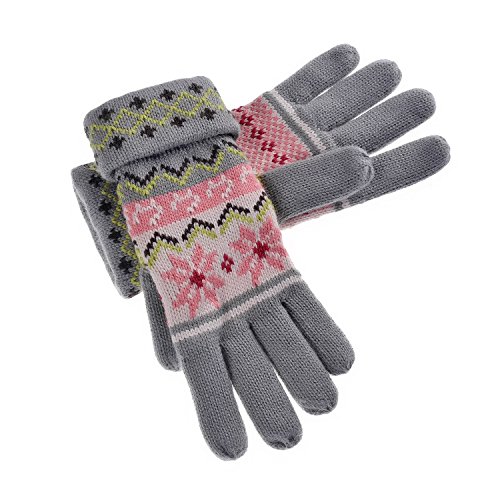 YAN & LEI Women's Snowflakes and Cats Knitted Winter Gloves with Roll Up Cuffs Design Color Grey