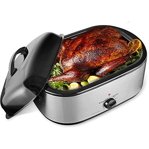 18 Quart Electric Roaster Oven Turkey Roaster with Lid Electric Roasters with Removable Pan Large Roaster, Self-basting Lid, Fast Heating & Thaw/warming Setting, Silver