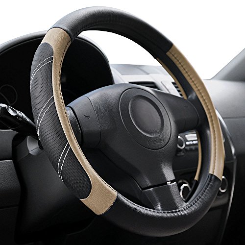 Elantrip Sport Leather Steering Wheel Cover 14 1/2 inch to 15 inch Universal, Padded Soft Grip Breathable for Car Truck SUV Jeep, Anti Slip Odorless Black and Beige