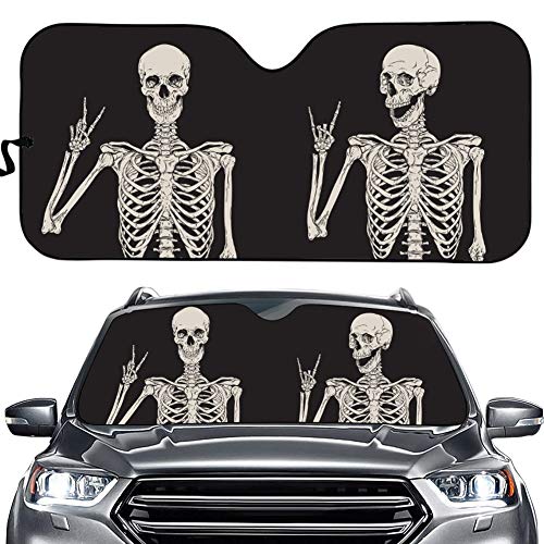 Funny Skull Car Windshield Sunshade Gothic Hippie Skeleton Sun Visor Protector Front Window Shade, Keeps Out UV Rays, Keeps Your Vehicle Cool, Black