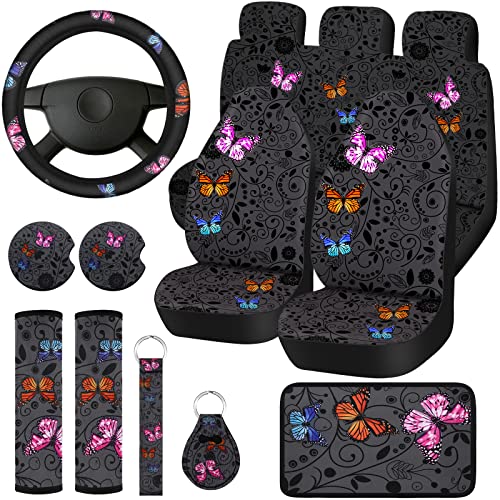 15 Pcs Butterfly Car Seat Covers Full Set Butterfly Car Seat Covers for Car Front Rear Seat Covers Steering Wheel Cover Wrist Strap Coasters Armrest Pad Shoulder Pads (Classic Butterfly Style)