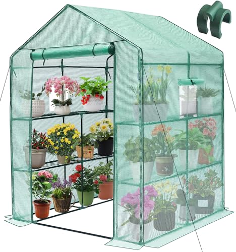 Greengro Greenhouse, 56 x 56 x 75'' Greenhouses for Outdoors, Durable Green House Kit with Window, Thicken PE Cover, 3 Tiers 8 Shelves, Heavy Duty Walk in Green Houses for Indoor Backyard Outside