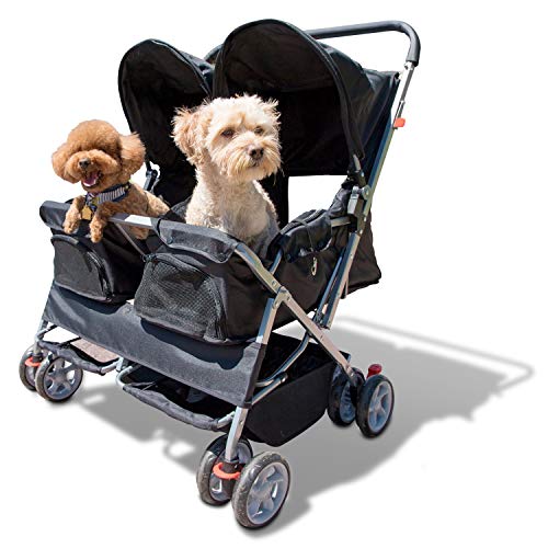 Paws & Pals Double Pet Stroller - 4 Wheels Lightweight Two Puppy, Dog & Cat Strollers - Best for Walking 2 Small/Medium Size Animal, Cats or Dogs - Foldable Pets Twin Carriage - Black