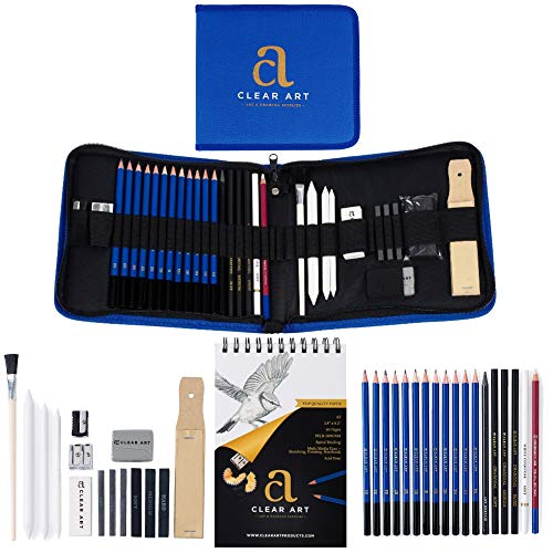 Drawing Kit - Drawing Pencils - Sketch Pencils - 36 Piece Sketch Kit with Case - A5 Sketch Pad - Graphite Pencils - Charcoal Pencils - Erasers - Sharpeners - Blending Stumps - Drawing Tools - eBook