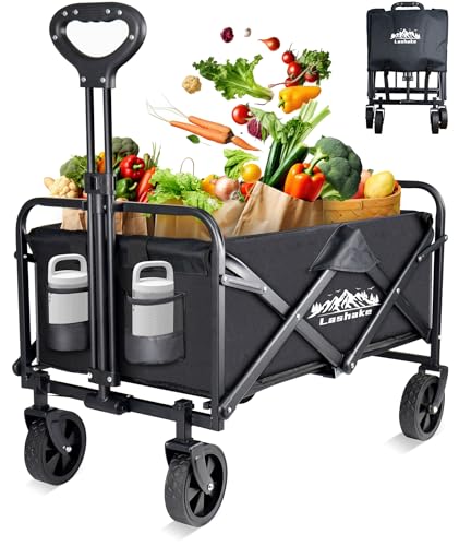 Collapsible Wagon Carts Foldable, Heavy Duty Beach Folding Wagon Cart with Wheels, Large Capacity Portable Utility Grocery Wagon for Shopping, Sports, Camping, Garden