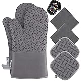 KEGOUU Oven Mitts and Pot Holders 6pcs Set, Kitchen Oven Glove High Heat Resistant 500 Degree Extra Long Oven Mitts and Potholder with Non-Slip Silicone Surface for Cooking (Grey)