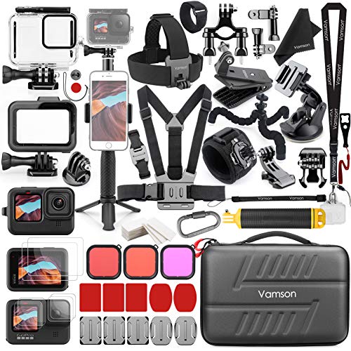 Vamson Accessories Kit for GoPro Hero 11 10 9 Black Waterproof Housing Case Filter Silicone Protector Frame Lens Screen Tempered Glass Head Chest Strap Bike Mount Floating Bundle Set Kit 64 in 1 AVS18