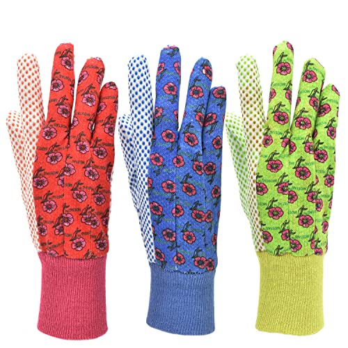 G & F 1852-3 Women Soft Jersey Garden Gloves, Women Work Gloves, 3-Pairs Green/Red/Blue per Pack