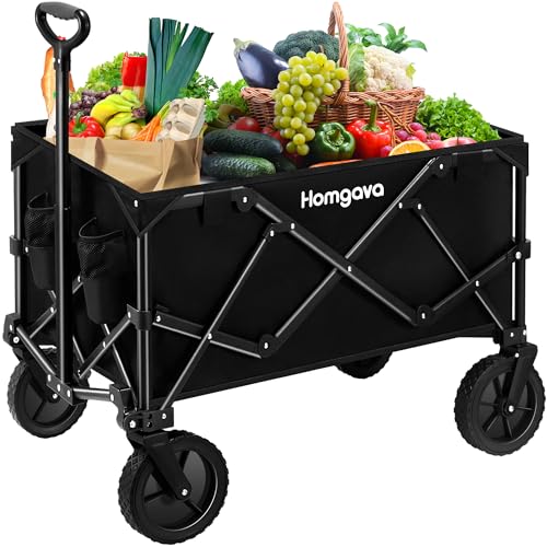 Homgava 200L Collapsible Folding Wagon Cart,350LBS Heavy Duty Garden Cart with All Terrain Wheels,Portable Large Capacity Utility Wagon Cart for Camping Fishing Sports Shopping, Black