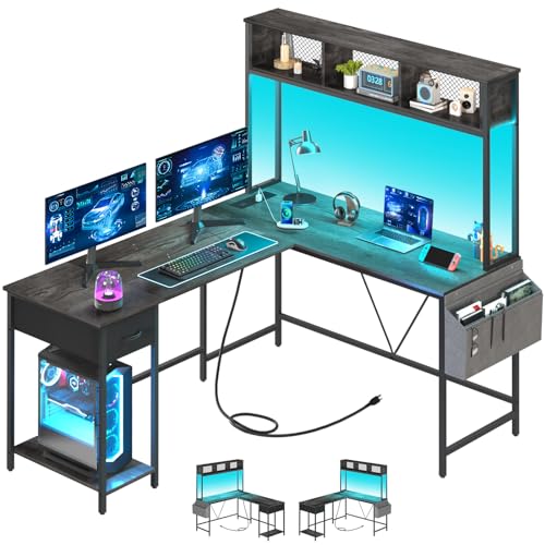 Yoobure L Shaped Desk Gaming Desk with LED Strip & Power Outlet, Reversible L-Shaped Computer Desk with Storage Shelf & Drawer, Corner Desk with Storage Bag, 2 Person Home Office Desk, Gray
