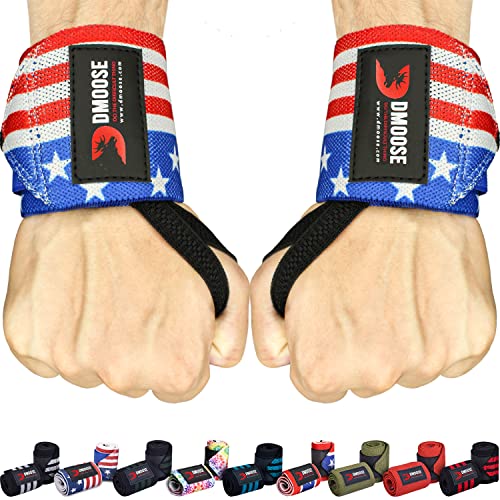 DMoose wrist wraps weightlifting men 12 and 18 Inches Thumb Loops with Wrist Support for Workouts Powerlifting Wrist Straps for Weight Lifting Men and Women American III